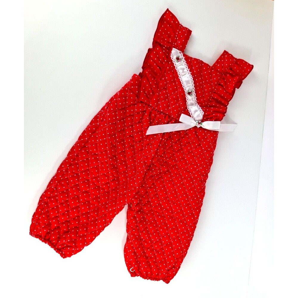 Vintage 1980s Red Polka-Dot Quilted Baby Overall Jumper Ruffles (6-9 months)